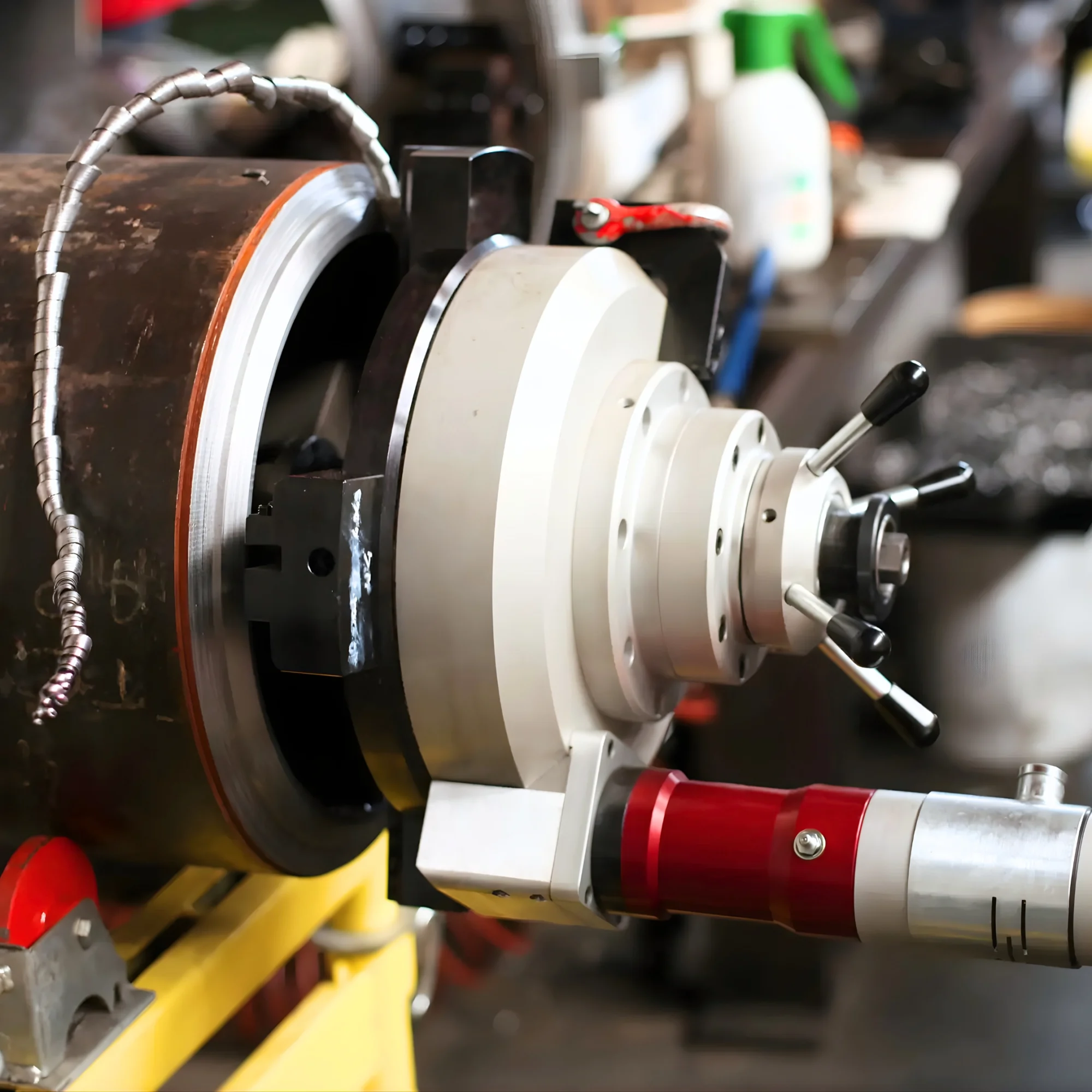 SuperMaxi 4_16 rörfasmaskin monterad i ett stålrör under bearbetning, använd för invändig och utvändig fasning samt fogberedning av rör Ø 95–318 mm.