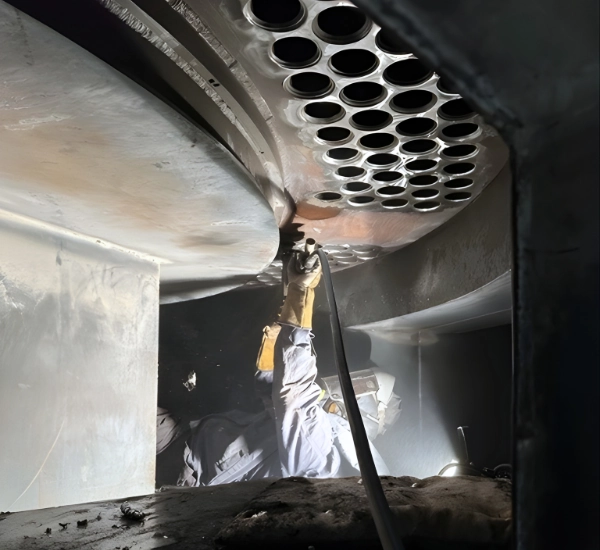 Tekniker fräser bort svetsförband på panntuber inifrån pannan med rörfasmaskin för omtubning och fogberedning.