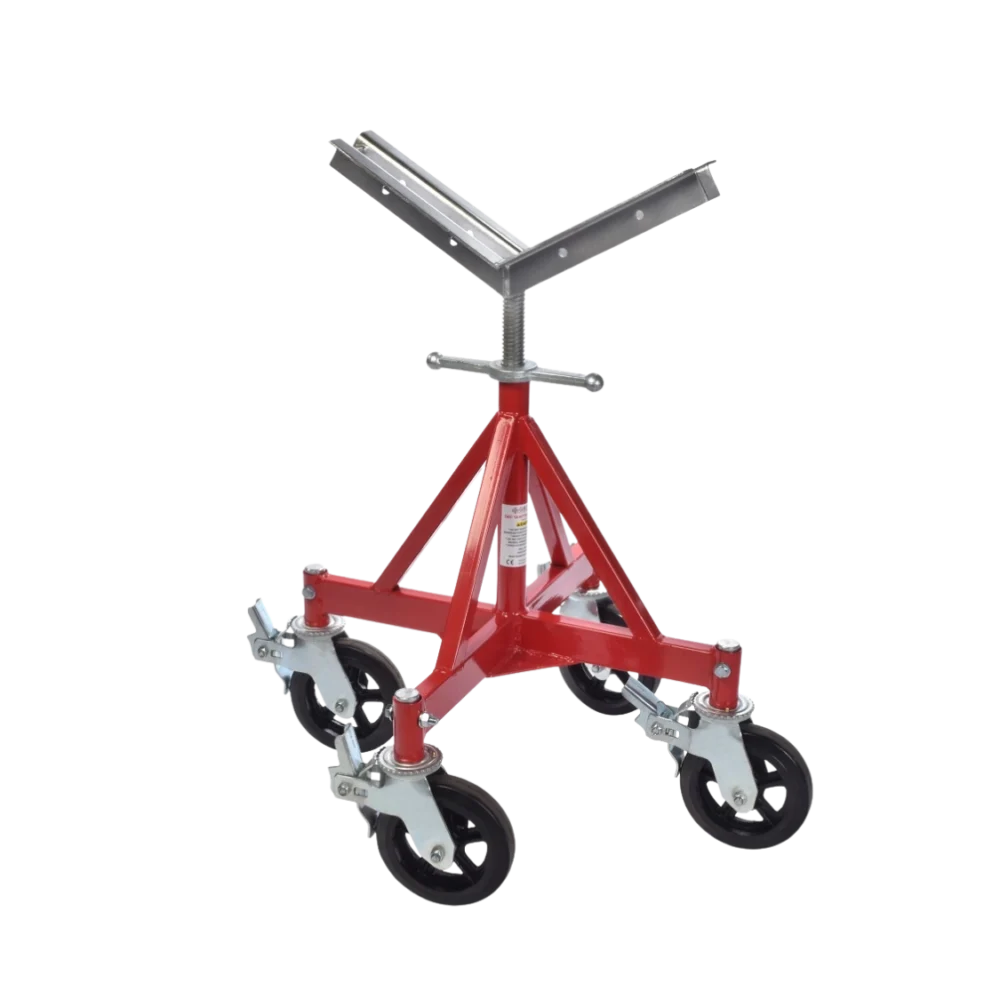 PJQ Quattro Heavy Duty rörstativ med rullhuvud och hjul för tung hantering och transport av rör.