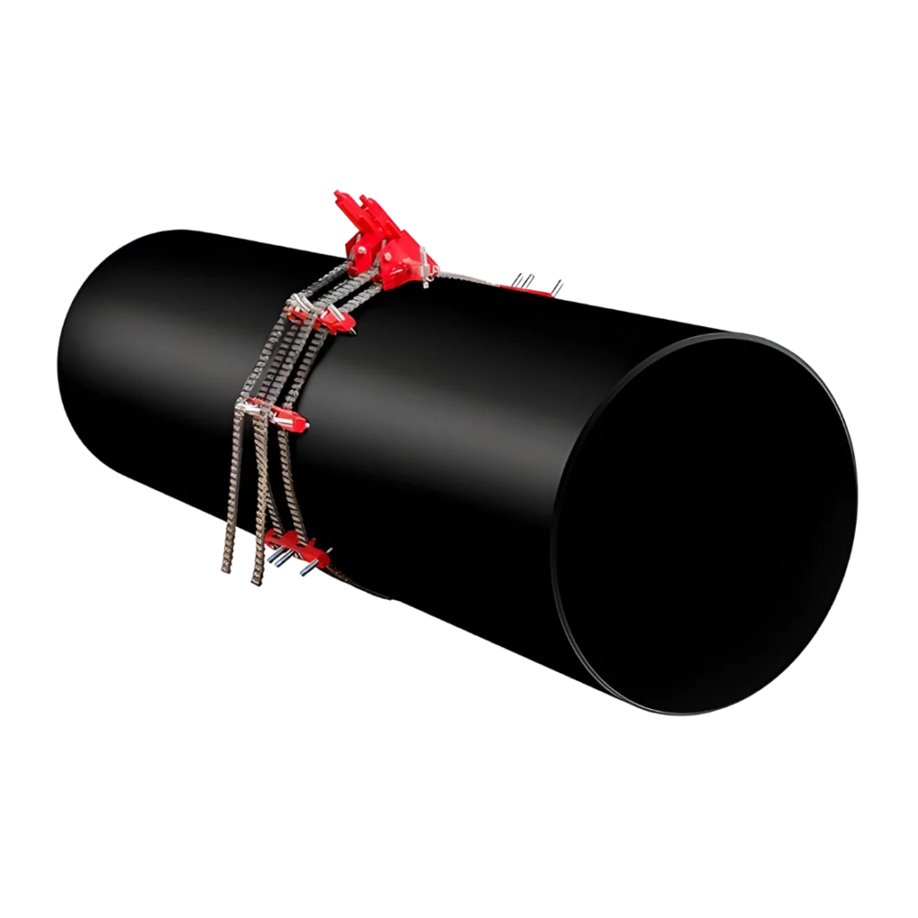 Dubbel kedjeklämma monterad runt ett rör för exakt inriktning och riktning inför svetsning.