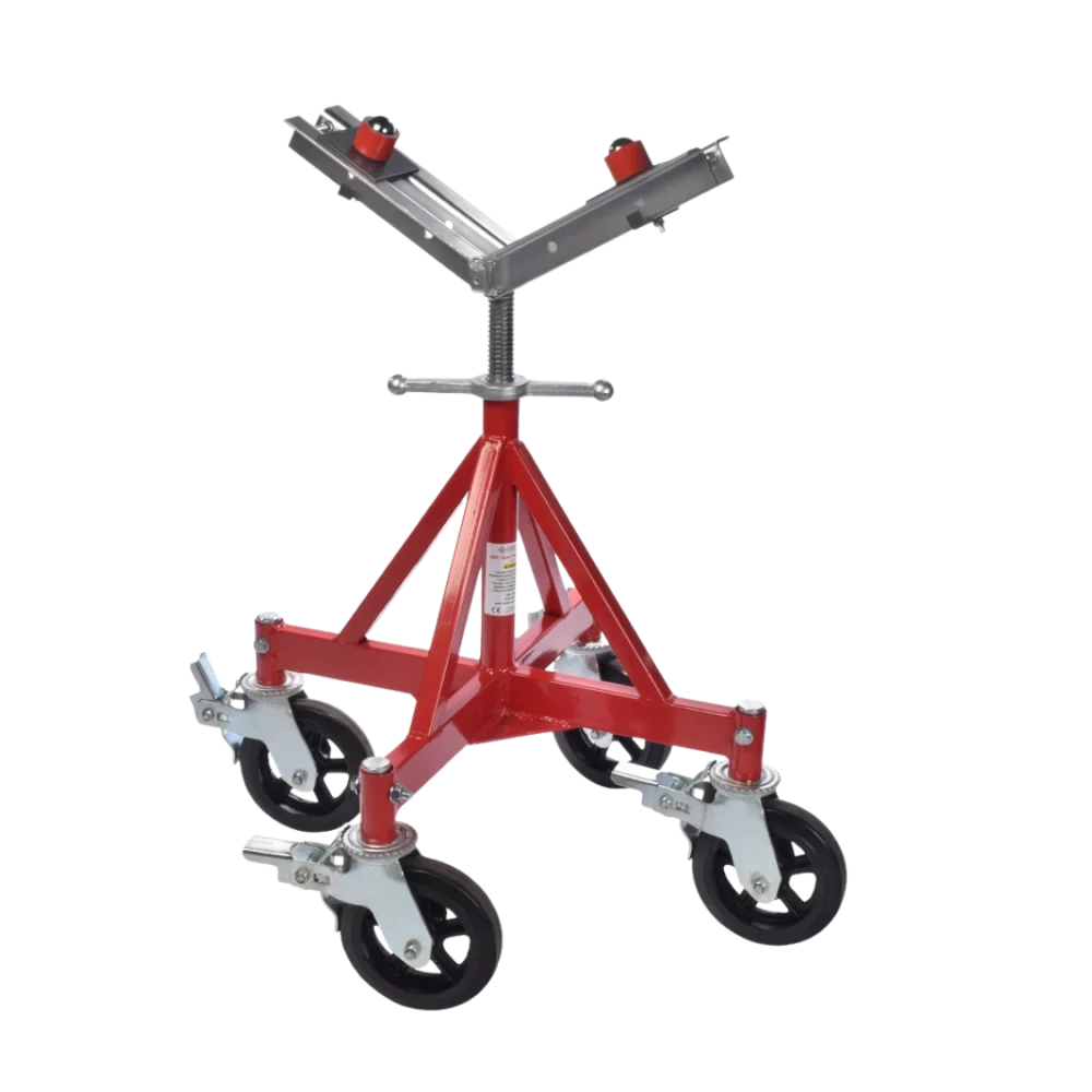 PJQ Quattro Heavy Duty rörstativ med rullhuvud och hjul för tung hantering och transport av rör.
