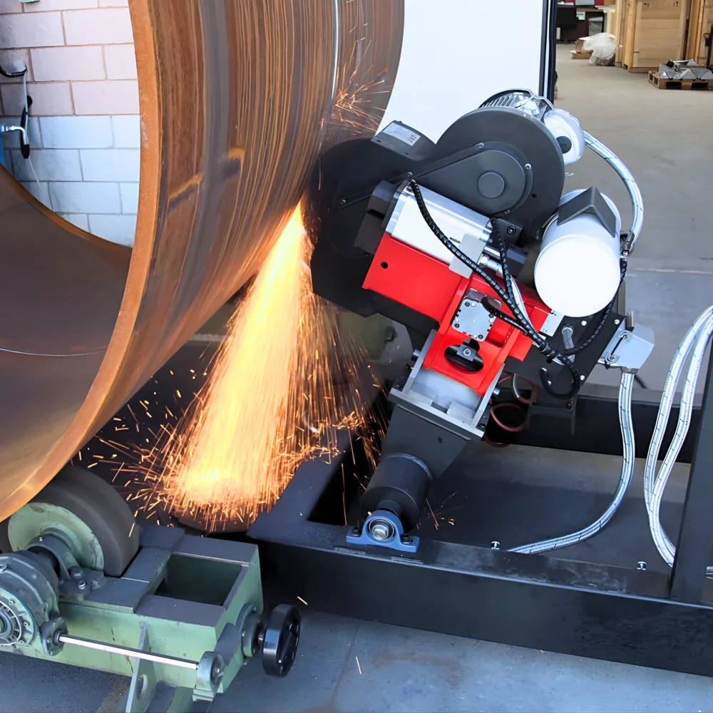 Fogslipmaskin G400 som slipar svetsfog på tryckkärl med 400 mm slipskiva och gnistbildning vid bearbetning.