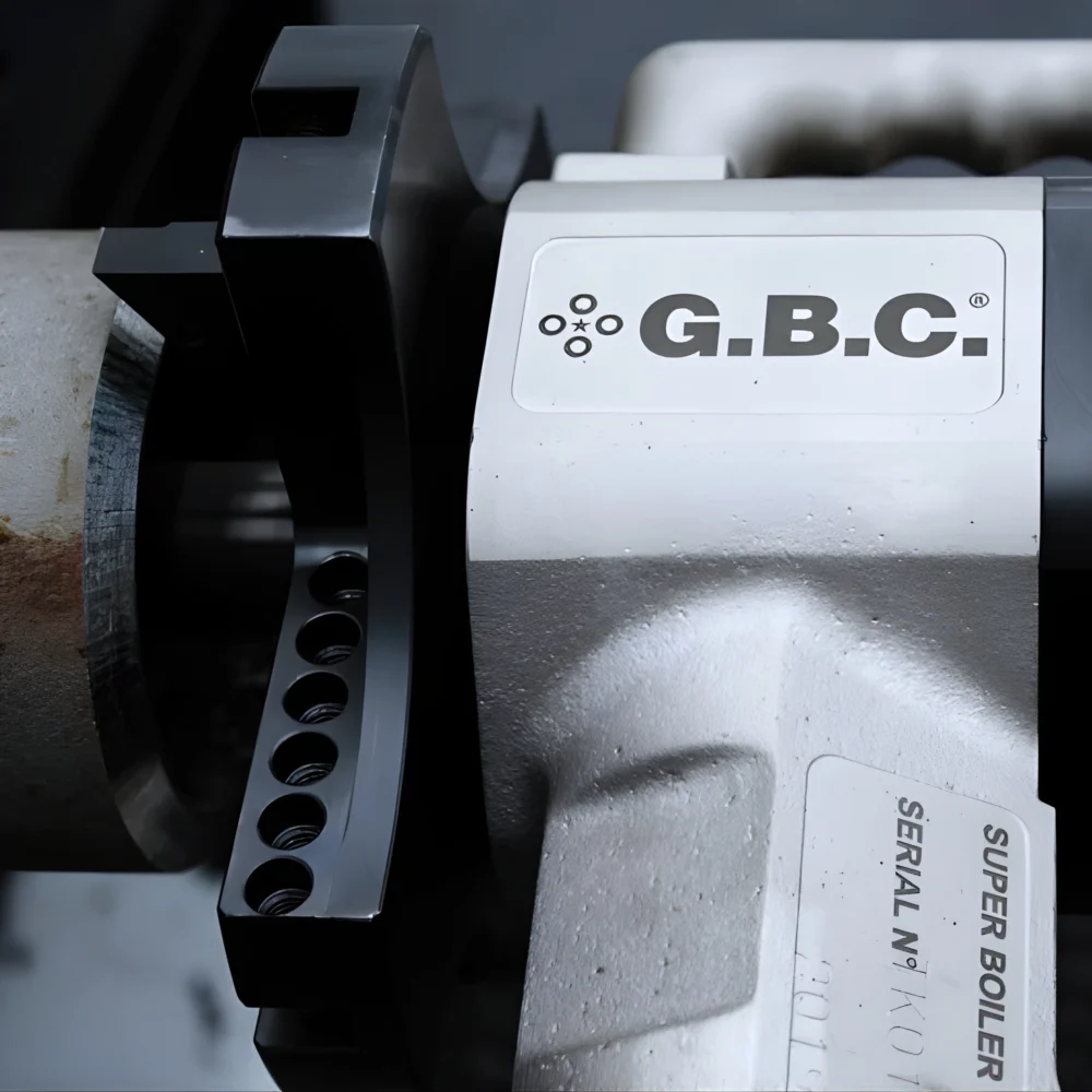 Närbild av Superboiler T5 rörfasmaskin från GBC monterad i ett rör för fasning och fogberedning inför svetsning.