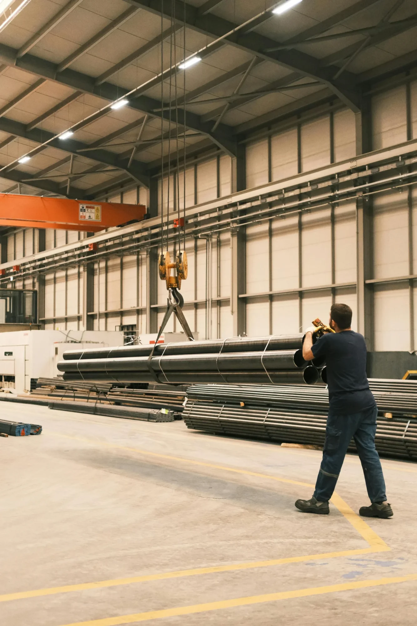 Verkstadshall med travers och industriellt arbete