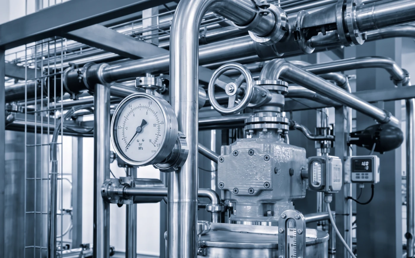 Industriellt rörsystem med ventiler och manometer i en värmeanläggning